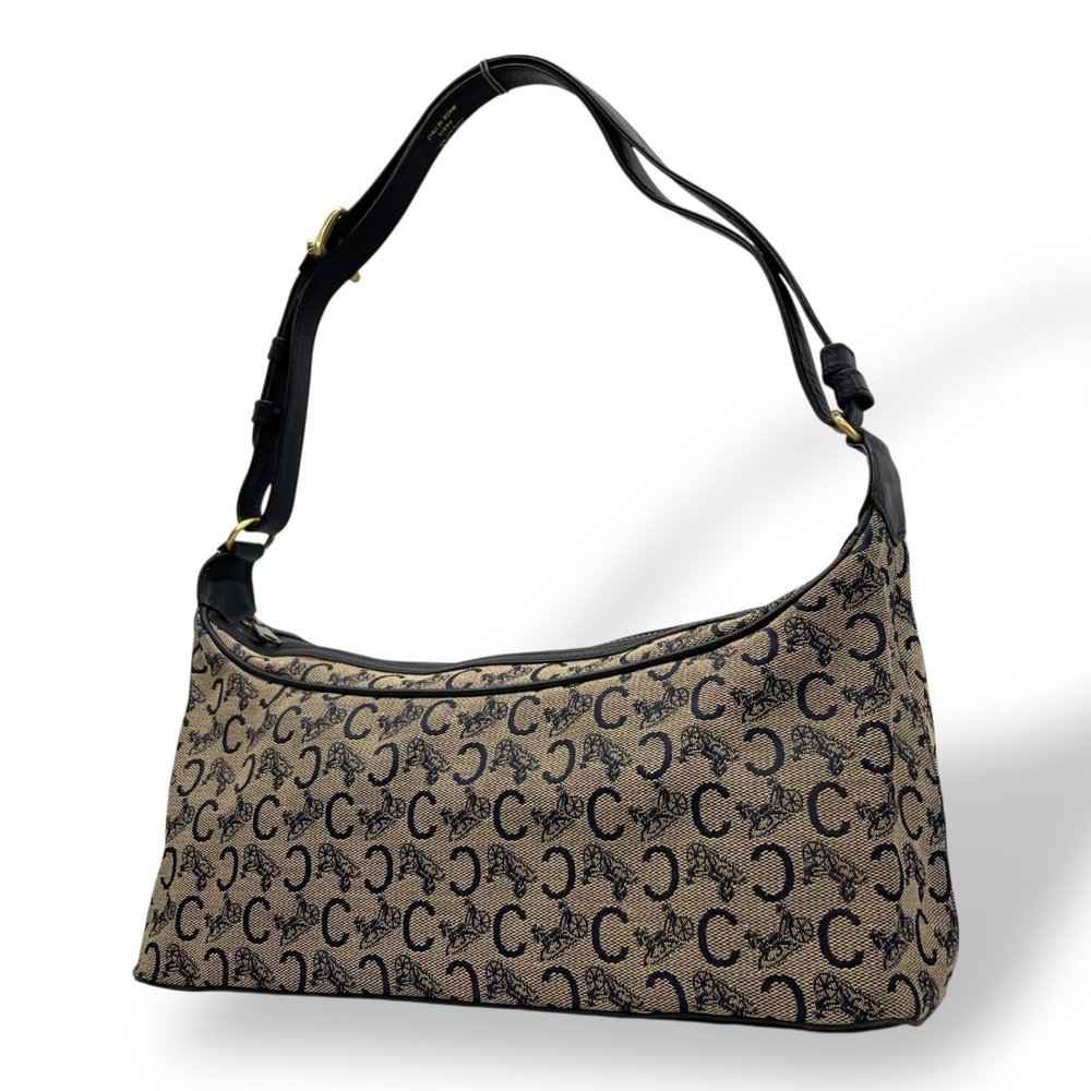 CELINE C Macadam Triomphe Shoulder Bag in Beige and Black Canvas Leather, Hob...